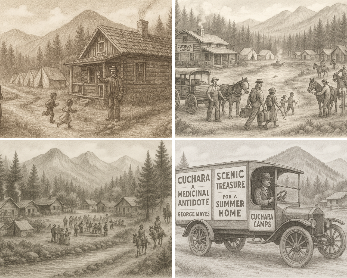 Pencil drawings based on newspaper articles of activities at Cuchara Camps in the early days Pencil drawings based on newspaper articles of activities at Cuchara Camps in the early days